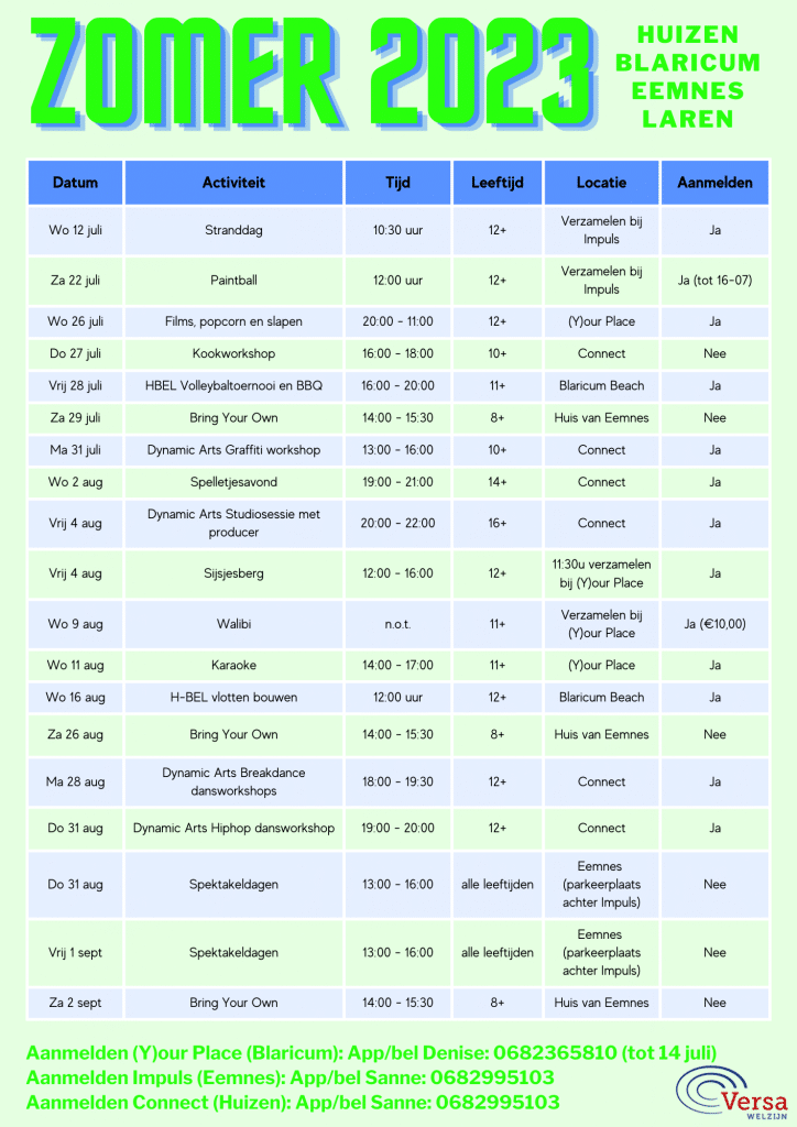 Activiteiten zomervakantie 2023 kinderen en jongeren Huizen & BEL